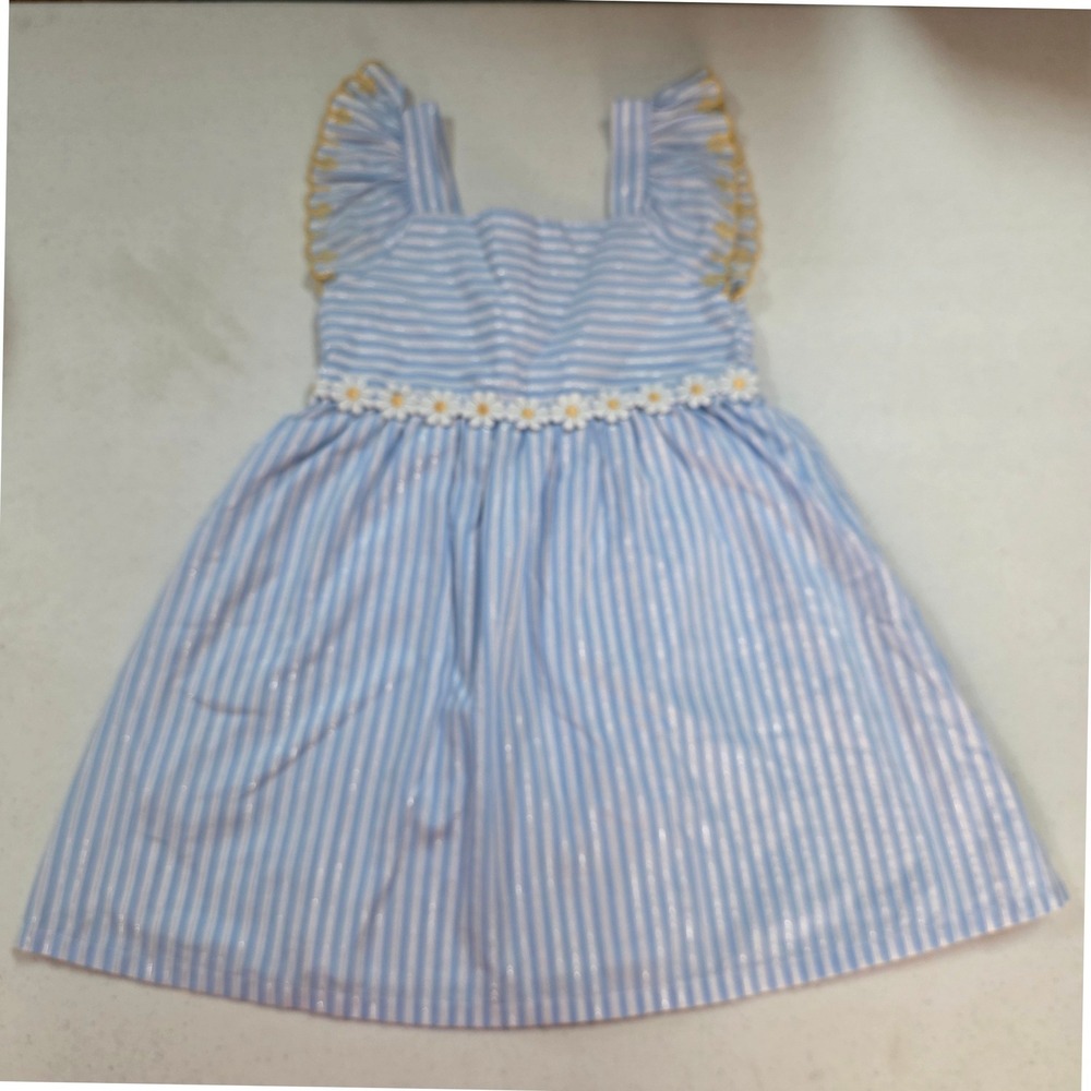 Blue White Striped Daisy Trim Flutter Sleeve Dress Metallic Accents Kids